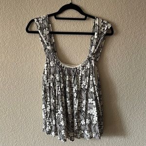 Tank top from Anthropologie in black and off-white floral print, medium.